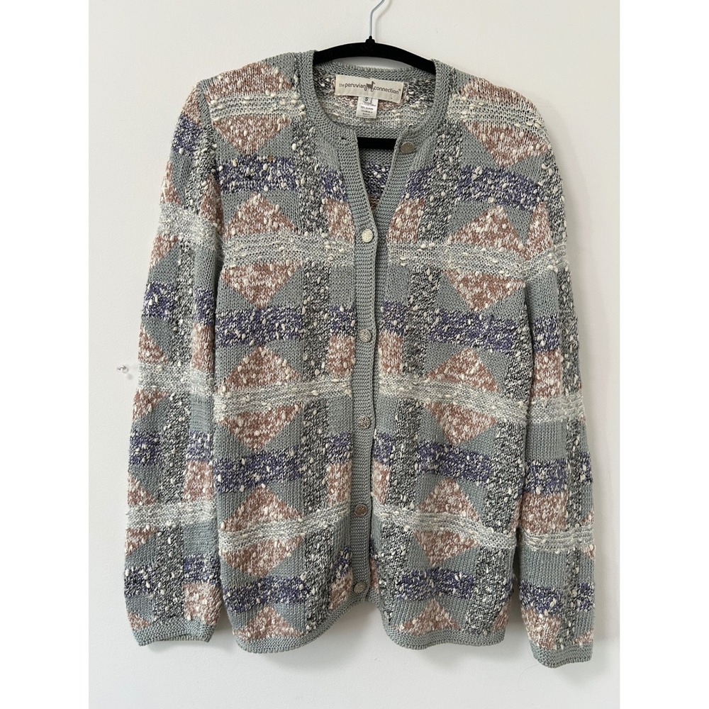 Vintage Peruvian Connection Geometric Handknit Cardigan S Green Grandma Popcorn
